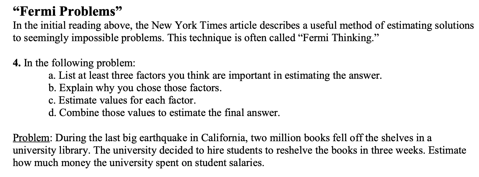 Solved “Fermi Problems” In The Initial Reading Above, The | Chegg.com