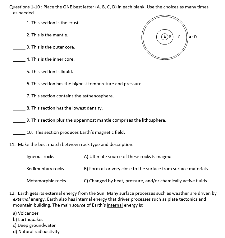 Solved Questions 1-10: Place The ONE Best Letter (A, B, C, | Chegg.com