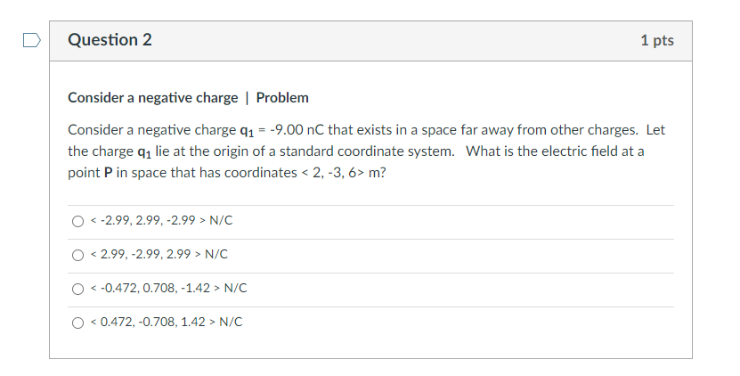 Solved Question 2 1 pts Consider a negative charge | Problem | Chegg.com