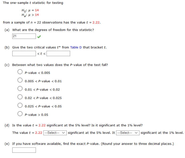 Solved The One Sample T Statistic For Testing Ho U 14 Chegg Com