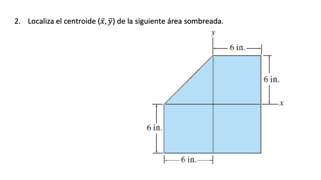 2. Localiza el centroide \( (\bar{x}, \bar{y}) \) de la siguiente área sombreada.