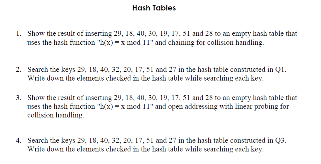 Hash Tables 1. Show the result of inserting 29, 18, 40, 30, 19, 17, 51 and 28 to an empty hash table that uses the hash funct