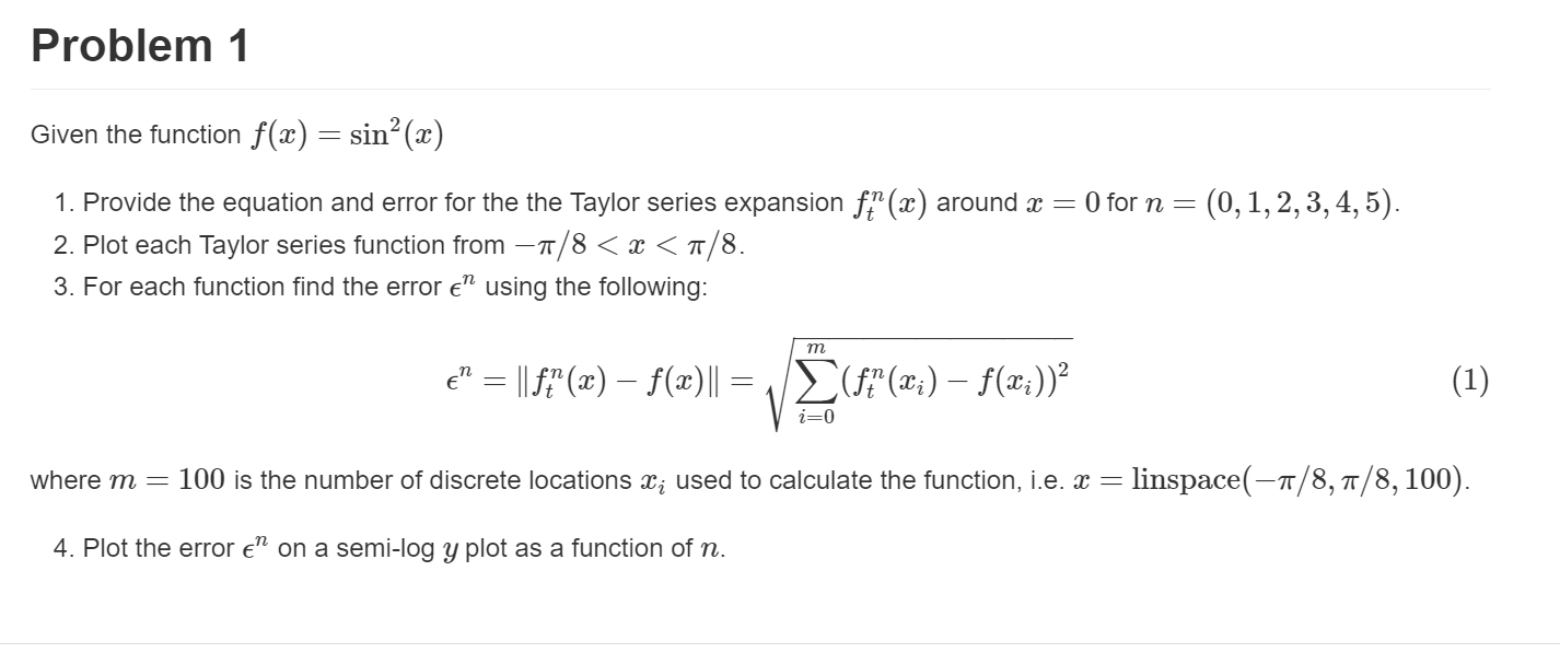 Solved Problem 1 Given the function f(x) = sinº (2) = | Chegg.com