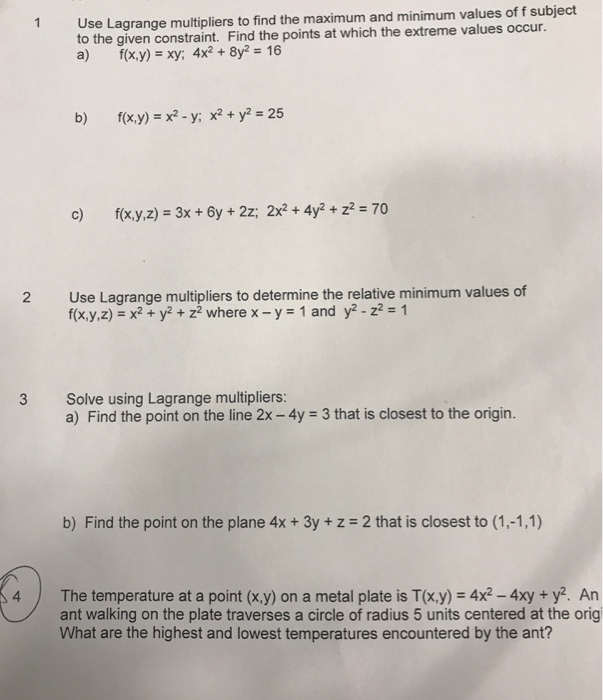 Solved 1 Use Lagrange multipliers to find the maximum and | Chegg.com