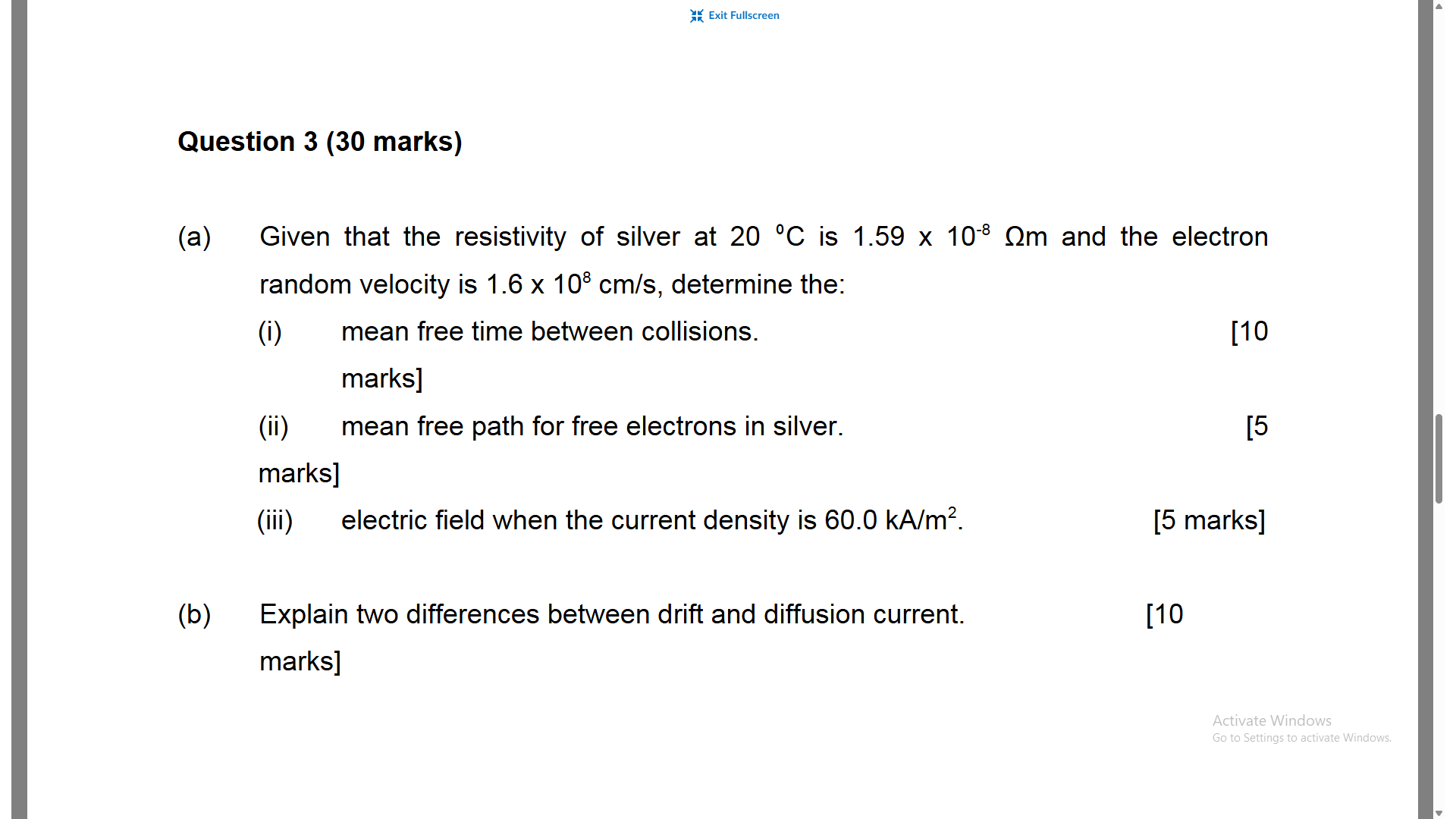 Solved Question 3 (30 ﻿marks)(a) ﻿Given that the resistivity | Chegg.com