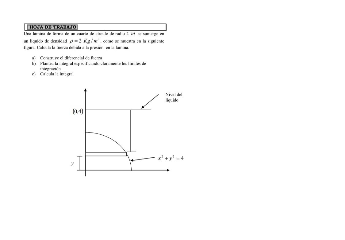 HOJA DE TRABAJO Una lámina de forma de un cuarto de círculo de radio \( 2 m \) se sumerge en un liquido de densidad \( \rho=2