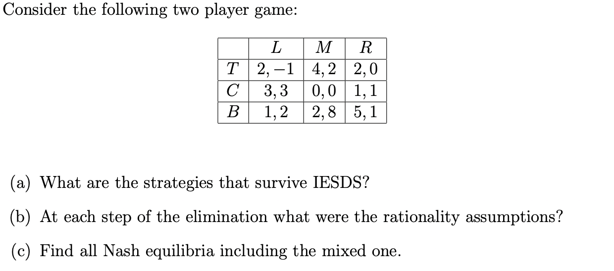 Solved Consider the following two player game: (a) What are | Chegg.com