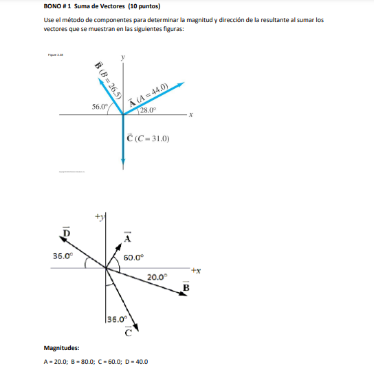 BONO \# 1 Suma de Vectores (10 puntos) Use el método de componentes para determinar la magnitud y dirección de la resultante