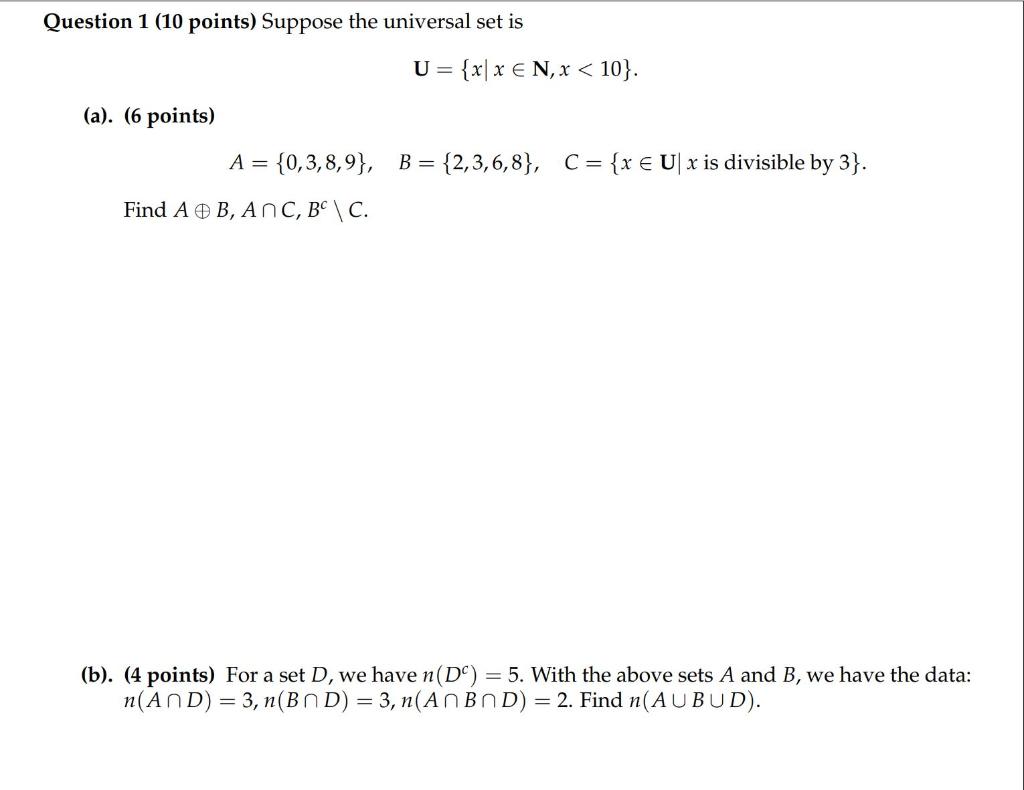 Solved Question 1 (10 Points) Suppose The Universal Set Is U | Chegg.com