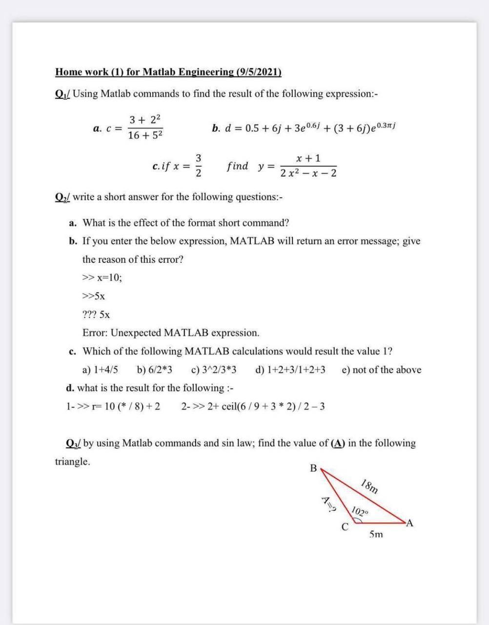 Solved Home work (1) for Matlab Engineering (9/5/2021) Q. | Chegg.com