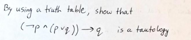 Solved By using a truth table, show that (¬p∧(p∨q))→q is a | Chegg.com