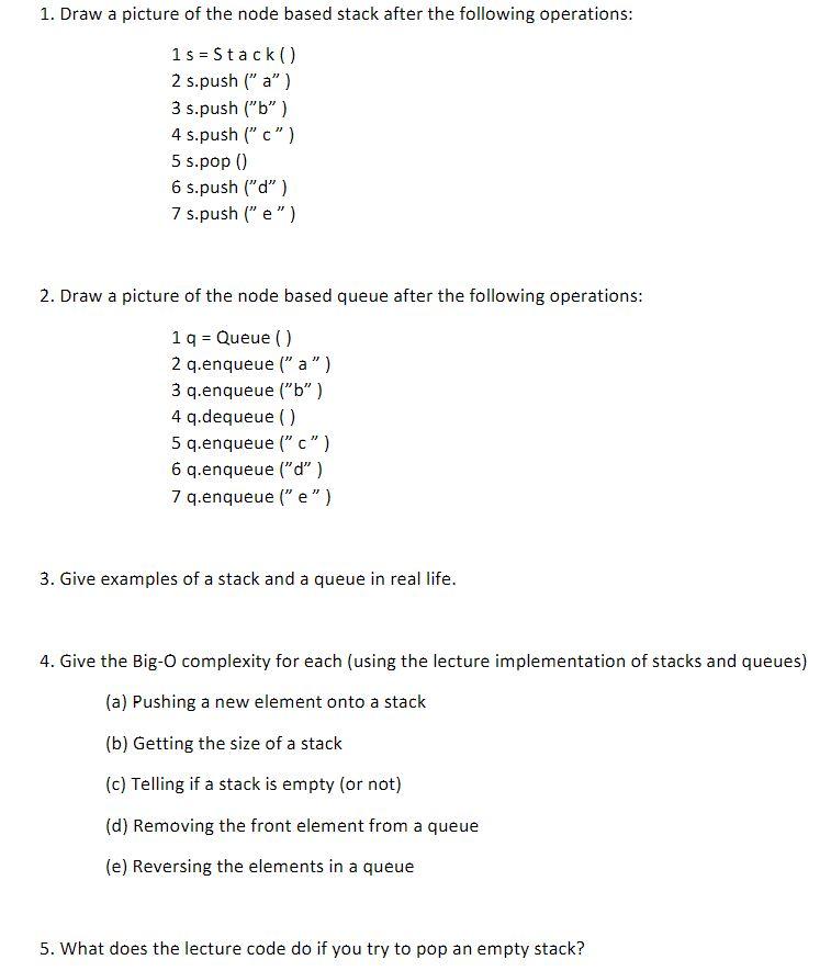 Solved 1. Draw a picture of the node based stack after the | Chegg.com