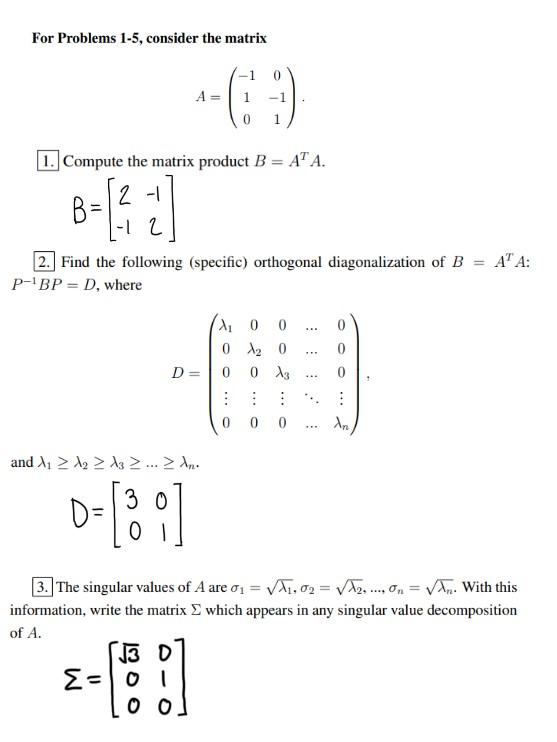 Solved For Problems 1-5, consider the matrix A=⎝⎛−1100−11⎠⎞ | Chegg.com