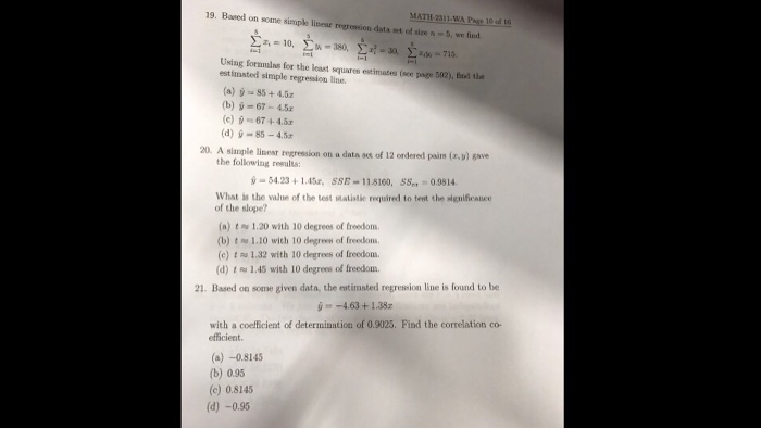 Solved Based on some simple linear data set of size n = 5, | Chegg.com