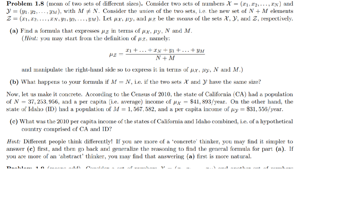 Solved Problem 1 8 Mean Of Two Sets Of Different Sizes Chegg Com