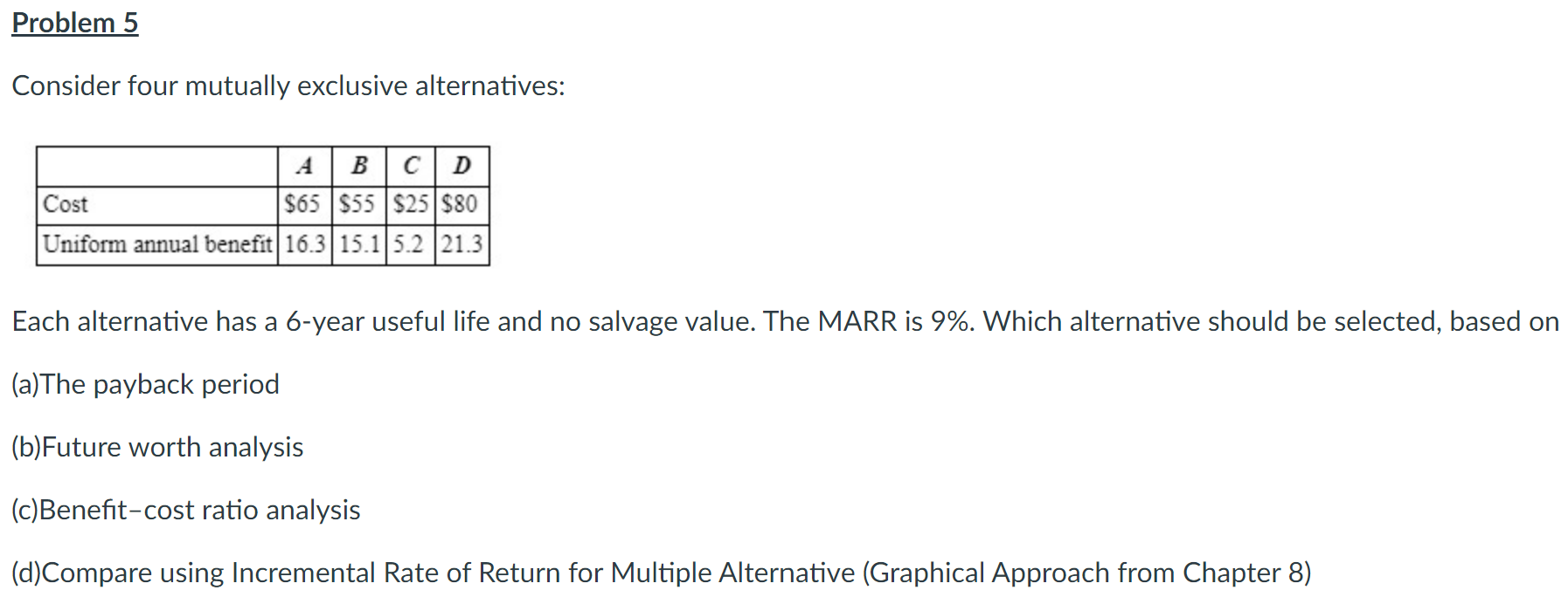 Solved Consider Four Mutually Exclusive Alternatives: Each | Chegg.com