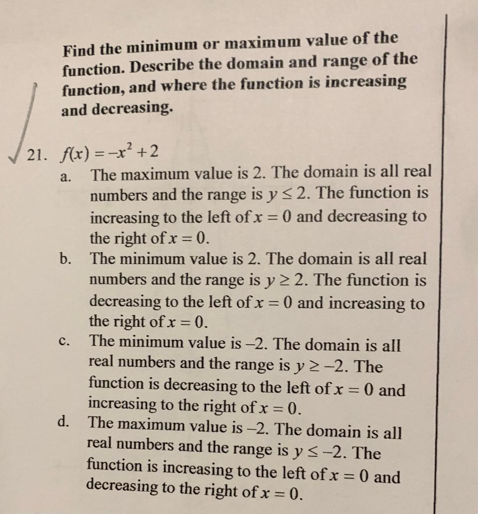 Solved Find the minimum or maximum value of the function. | Chegg.com
