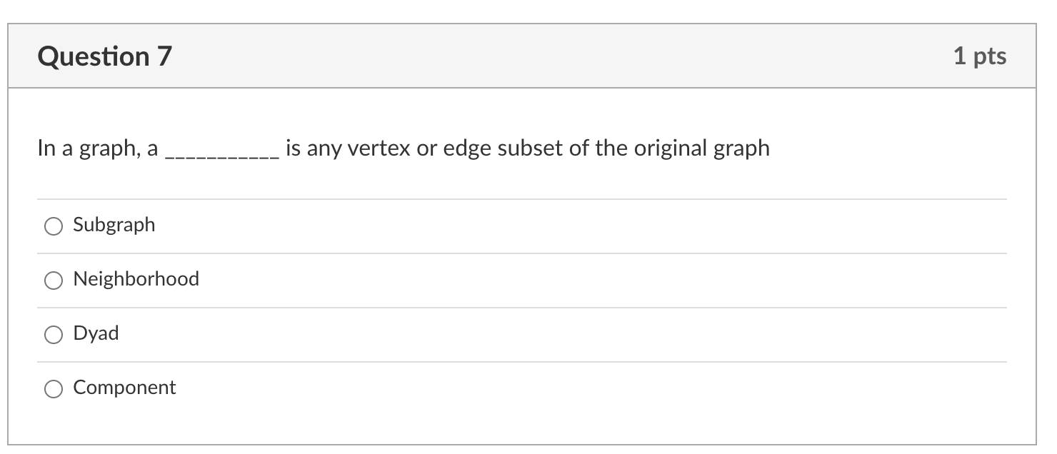 Solved Question 7 1 pts In a graph, a is any vertex or edge | Chegg.com
