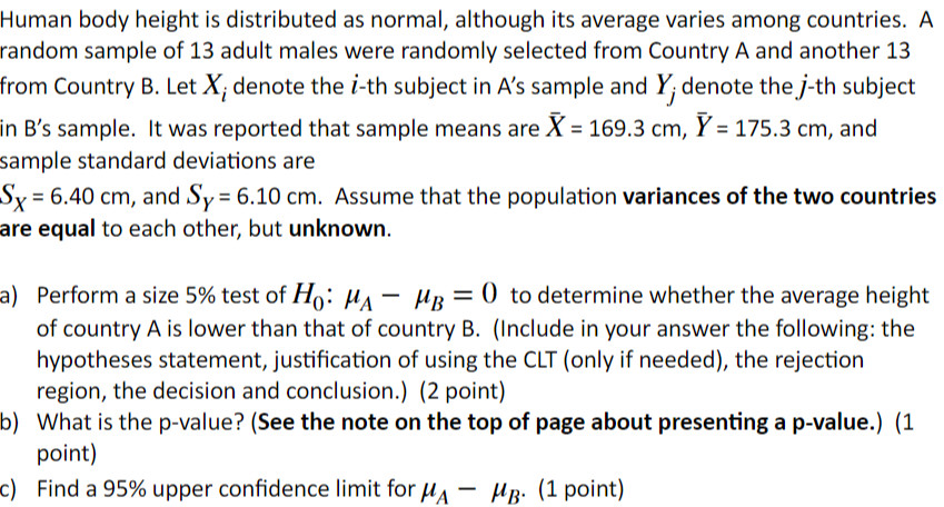 Solved Human body height is distributed as normal, although | Chegg.com