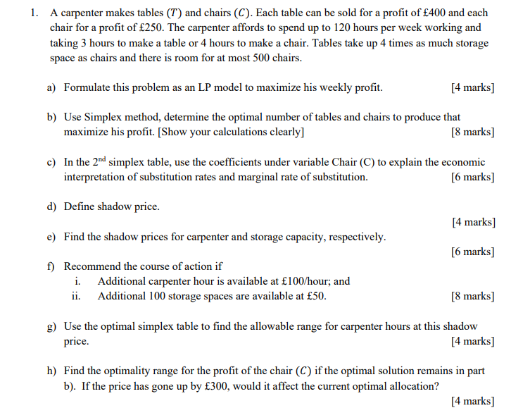 Solved 1. A carpenter makes tables (T) and chairs (C). Each