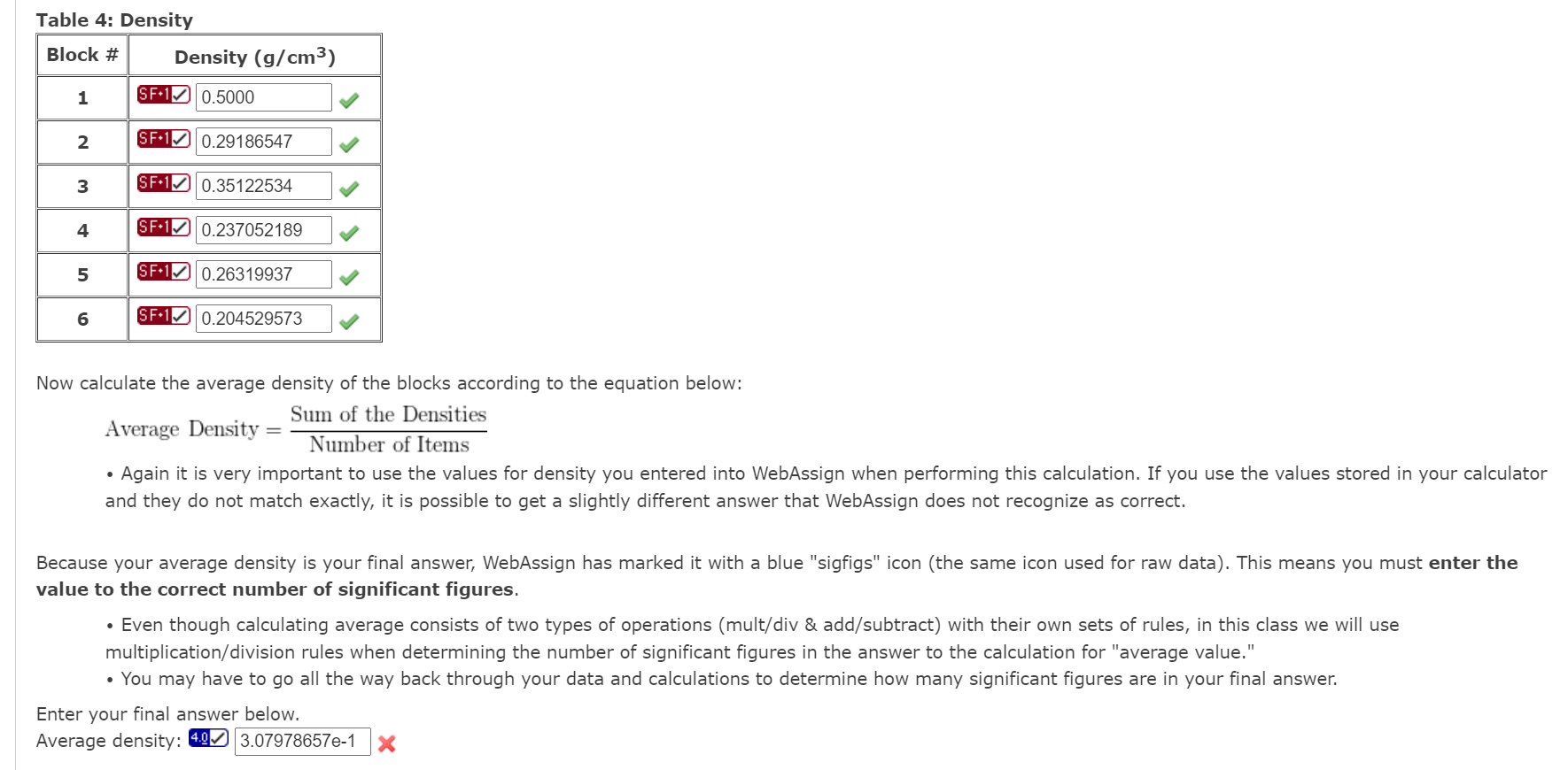 Solved Table 4 Density Block Density (g/cm3) 1 SF 10.5000