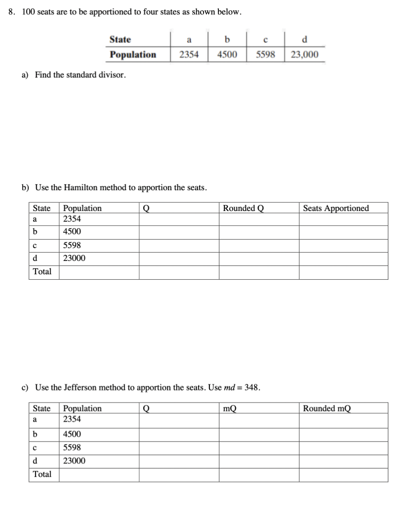 Solved 8. 100 seats are to be apportioned to four states as | Chegg.com