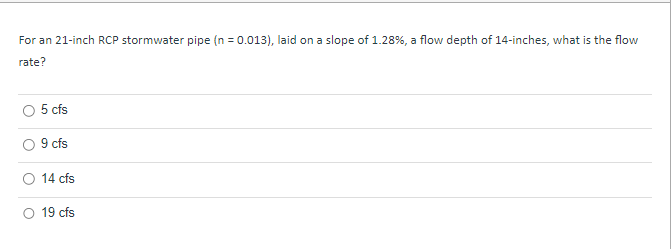 Solved For an 21-inch RCP stormwater pipe ( n=0.013 ), laid | Chegg.com