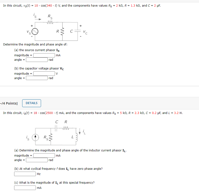 Solved In this circuit, vs(t) = 10 cos(340. t) V, and the | Chegg.com