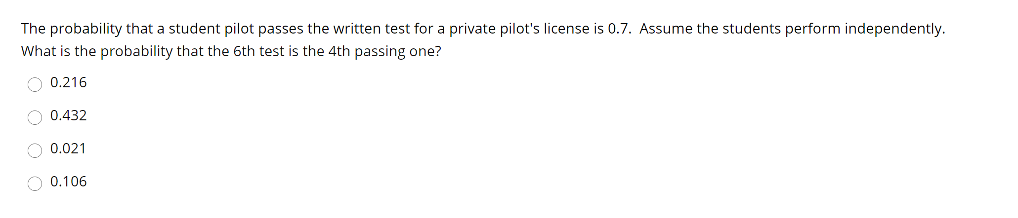 Solved The probability that a student pilot passes the | Chegg.com