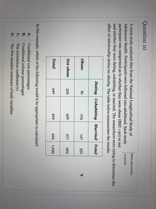Solved Question 10 Select one answer A 2009 study analyzed | Chegg.com