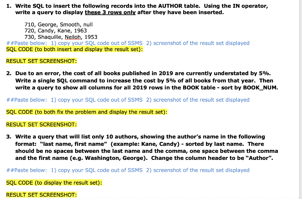 1 Write Sql To Insert The Following Records Into The Chegg Com