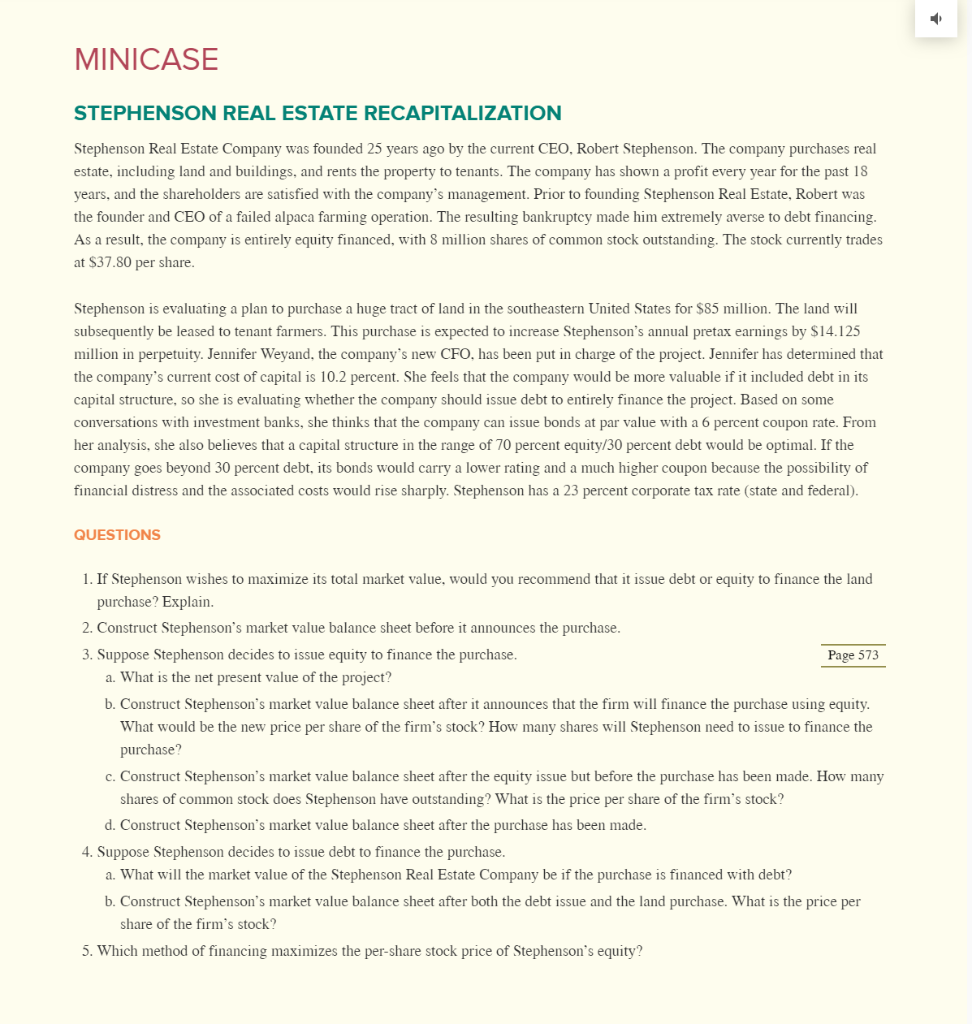 MINICASE STEPHENSON REAL ESTATE RECAPITALIZATION