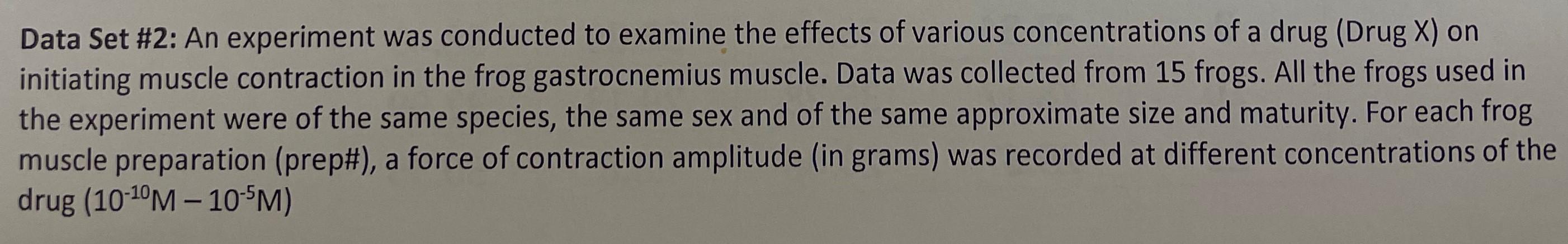 Data Set #2: An experiment was conducted to examine the effects of various concentrations of a drug (Drug X) on initiating mu