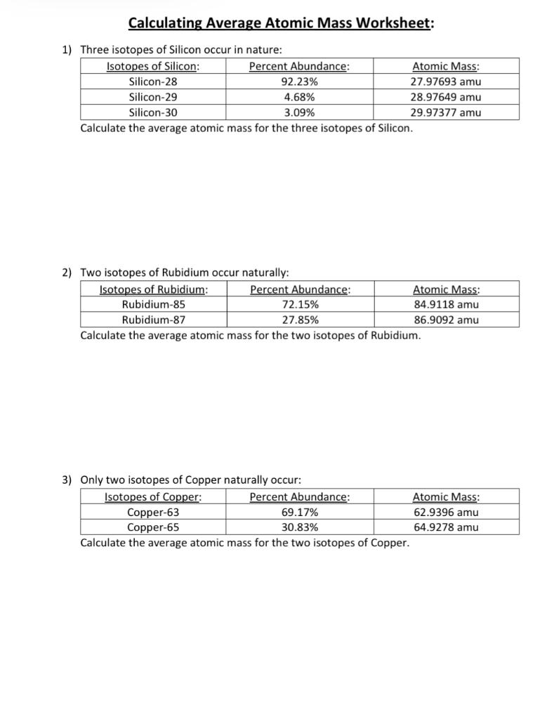 Solved Calculating Average Atomic Mass Worksheet: 21) Three  Chegg.com With Regard To Average Atomic Mass Worksheet