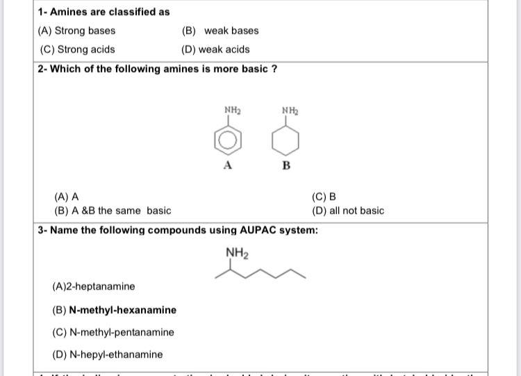 Solved 1- Amines Are Classified As (A) Strong Bases (B) Weak | Chegg.com