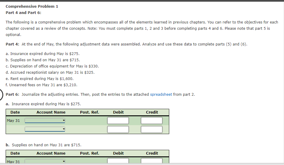 Solved Comprehensive Problem 1 Part 4 and Part 6: The | Chegg.com