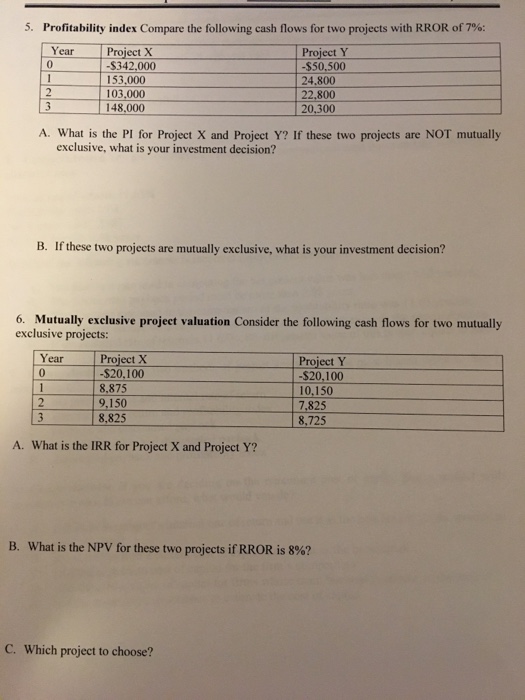 Solved 5, Profitability Index Compare The Following Cash | Chegg.com