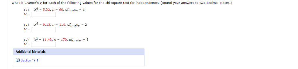 Solved What is Cramer's V for each of the following values | Chegg.com
