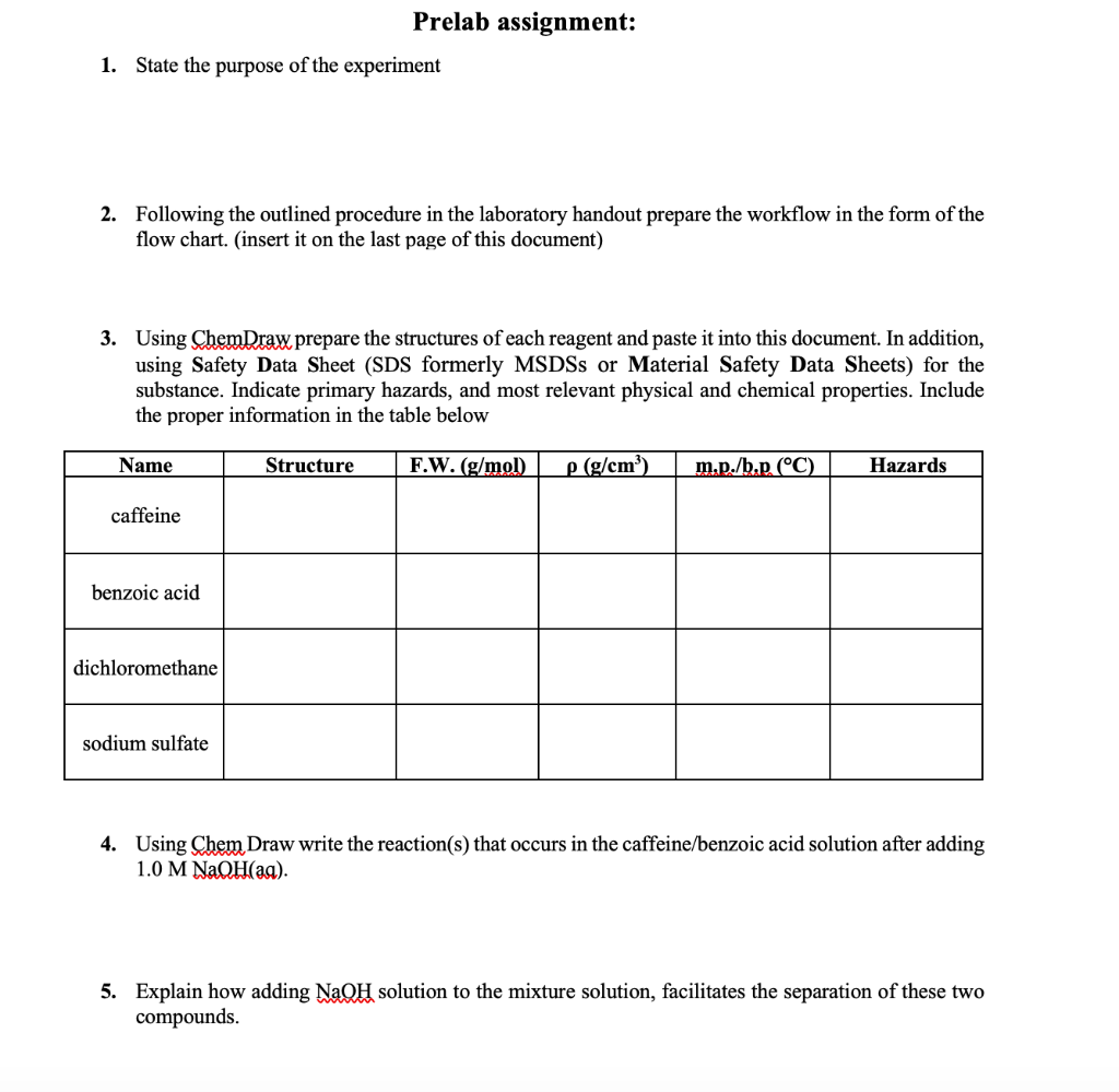 Prelab assignment: 1. State the purpose of the | Chegg.com