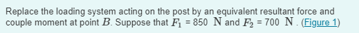 Replace the loading system acting on the post by an equivalent resultant force and couple moment at point \( B \). Suppose th