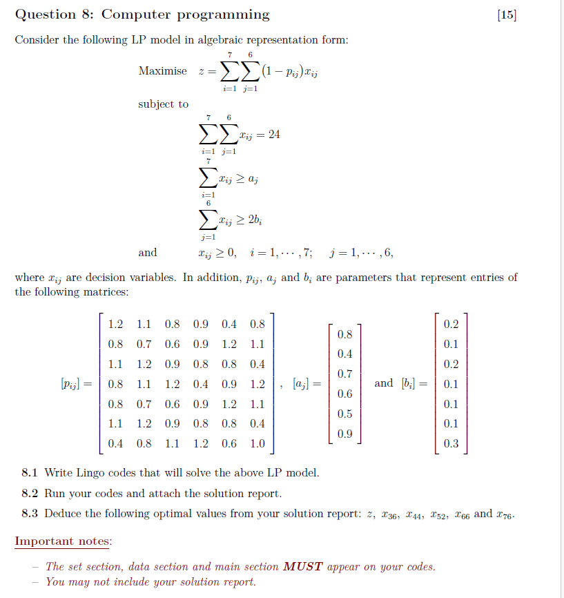 Solved Consider the following LP model in algebraic | Chegg.com