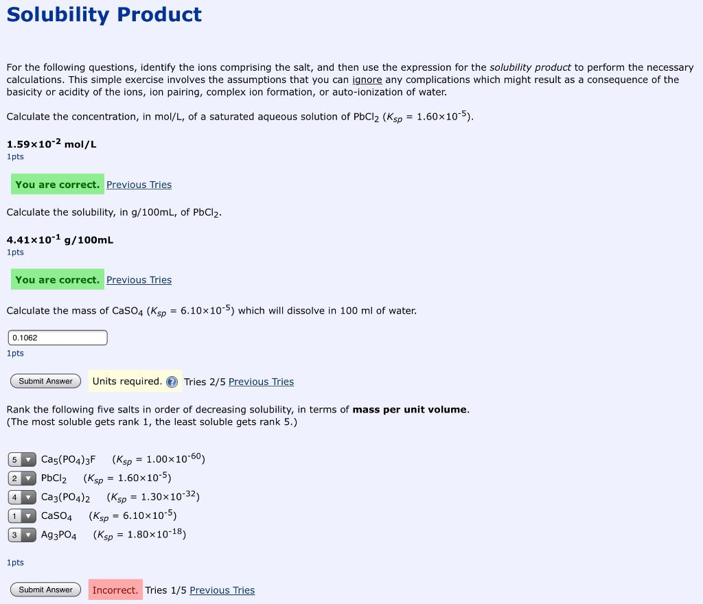 Solved Solubility Product For The Following Questions, | Chegg.com