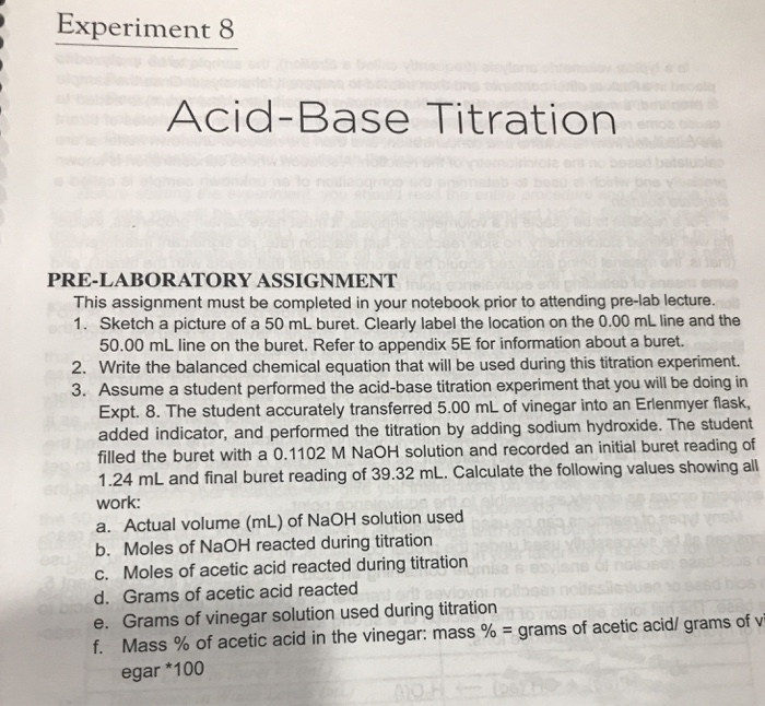 Solved Experiment 8 AcidBase Titration PRELABORATORY