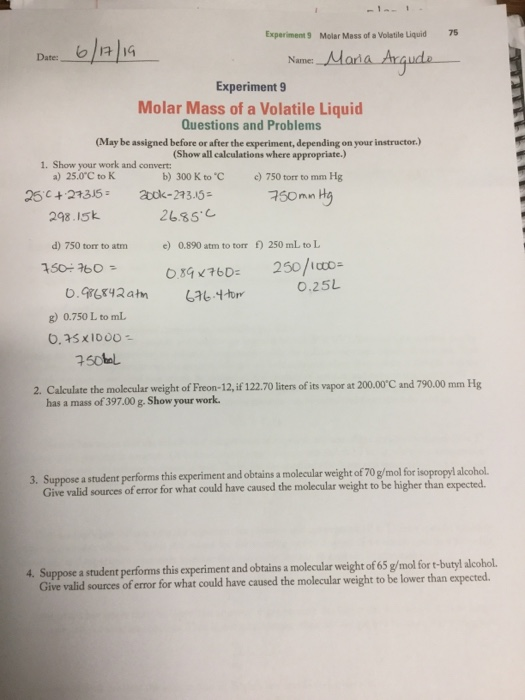 experiment 9 molar mass of a volatile liquid