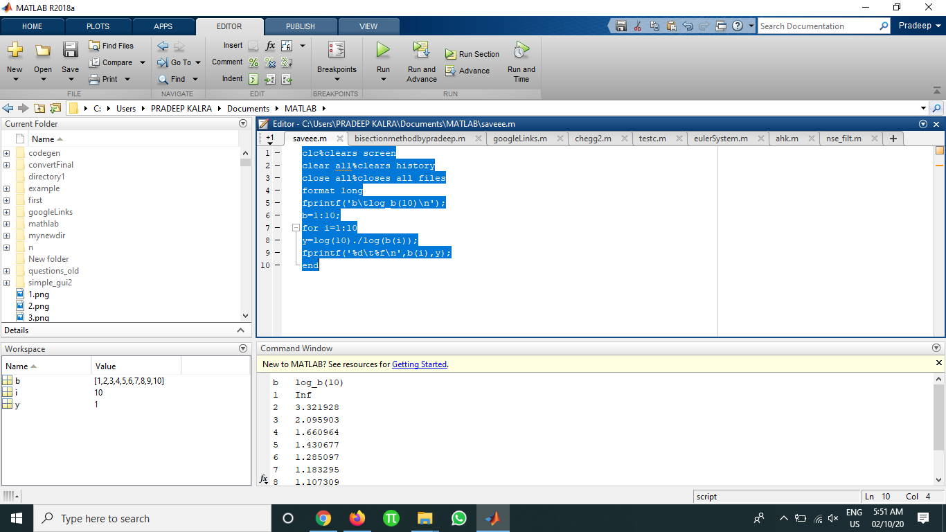 natural log matlab