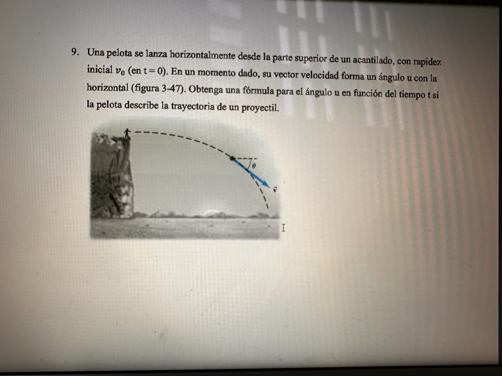 9. Una pelota se lanza horizontalmente desde la parte superior de un acantilado, con rapidez inicial \( v_{0}(\mathrm{en} t=0