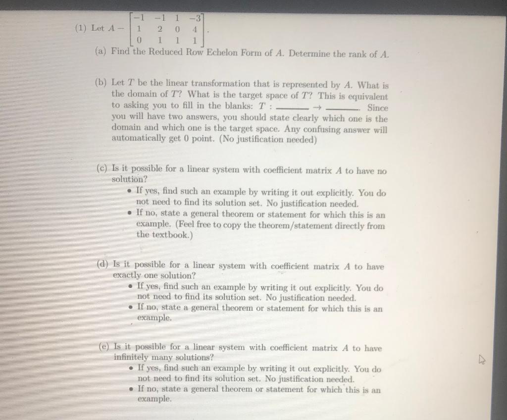 Solved -1 -1 1 (1) Let A - 1 2 0 4 0 1 1 1 (a) Find the | Chegg.com