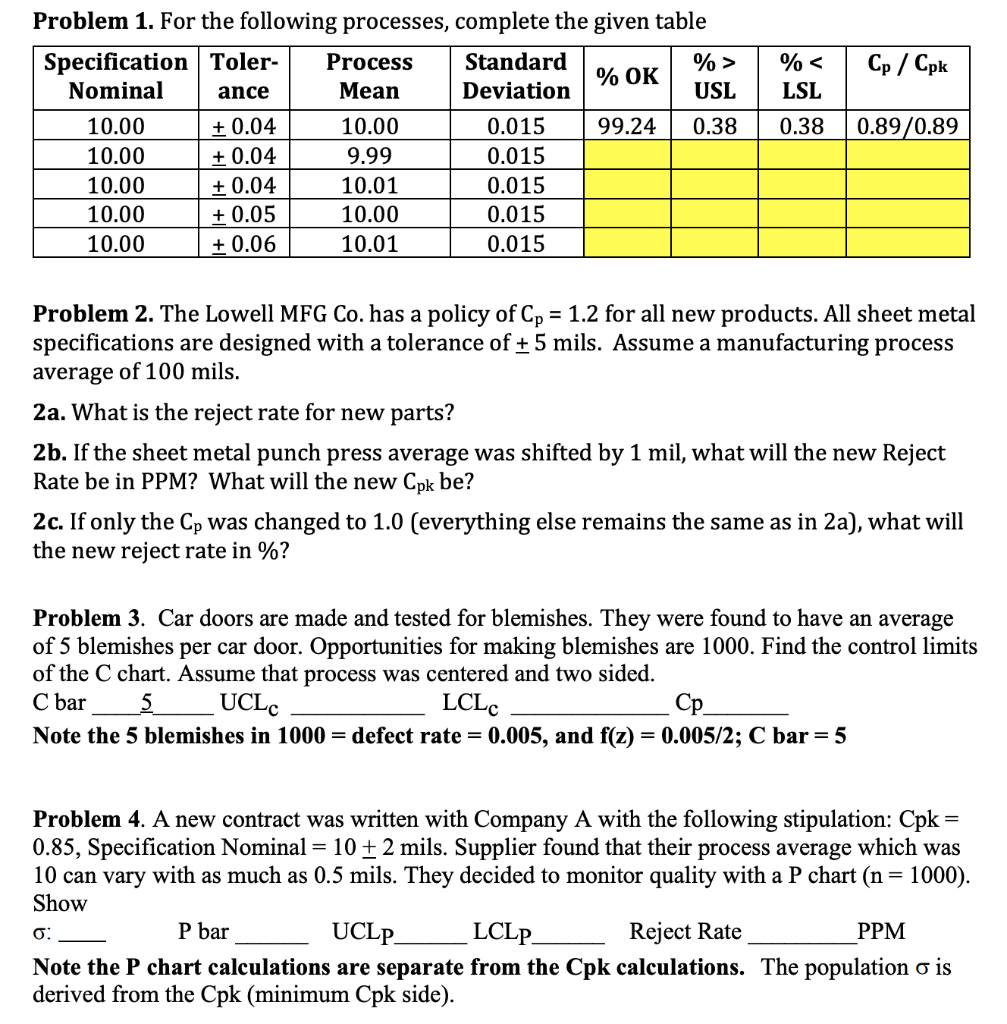 Solved Cp Cpk Problem 1 For The Following Processes Chegg Com