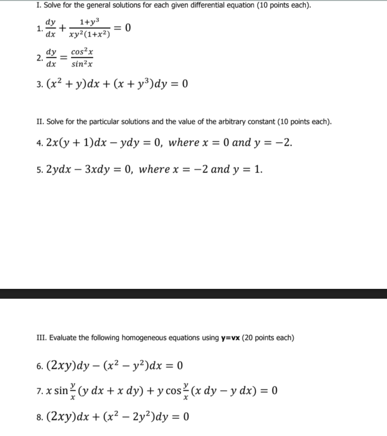 Solved I. Solve for the general solutions for each given | Chegg.com