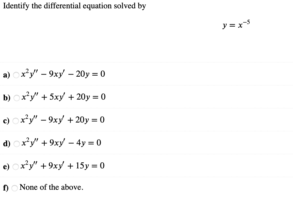 Solved Identify the differential equation solved by y = x-5 | Chegg.com